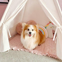 A fluffy dog sits inside a Cozy Kids Teepee Tent with Padded Mat on a pink ruffled mat with heart, rainbow, and unicorn-shaped pillows.