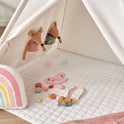 Cozy Kids Teepee Tent with Padded Mat featuring a white teepee, a padded floor mat, two stuffed mouse toys in a wall pocket, small wooden toys, and a rainbow-patterned bolster cushion.