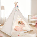 Cozy Kids Teepee Tent with Padded Mat featuring a white canvas design with a rainbow above the entrance, two stuffed mice toys, and a heart-shaped pillow on the floor.