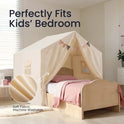 A Large Cozy Cabin Play Tent with Star Lights, featuring a cream-colored cabin design over a child’s bed, with text reading Perfectly Fits Kids Bedroom and an inset detail labeled Soft Fabric Machine Washable.