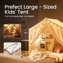 Large Cozy Cabin Play Tent draped with star-shaped string lights, featuring a toy kitchen and quilted floor mat; inset photos detail the lights and mat texture, with labels indicating a height of 52 inches and width of 57.5 inches.