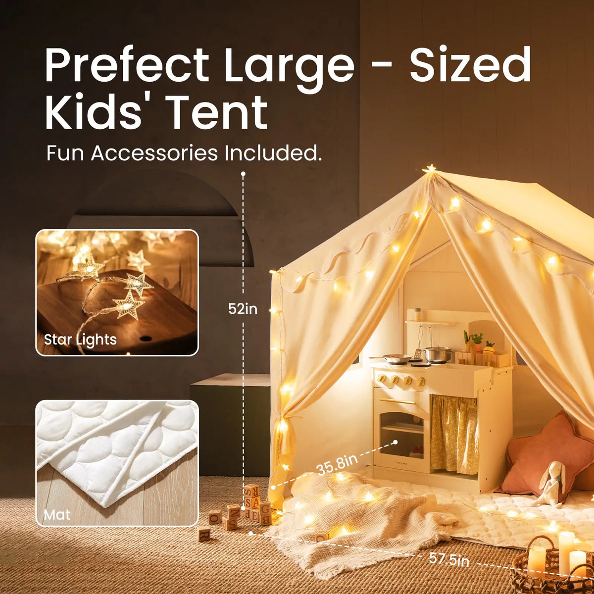Large Cozy Cabin Play Tent draped with star-shaped string lights, featuring a toy kitchen and quilted floor mat; inset photos detail the lights and mat texture, with labels indicating a height of 52 inches and width of 57.5 inches.