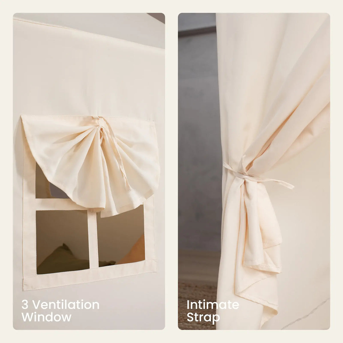 Light-colored window on a Large Cozy Cabin Play Tent with Star Lights, featuring a roll-up shade and a curtain held back by a tie to create a cozy reading nook.