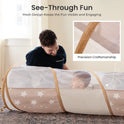 A man plays with a young child inside a star-decorated mesh Adventure Crawl Tunnel (68″).