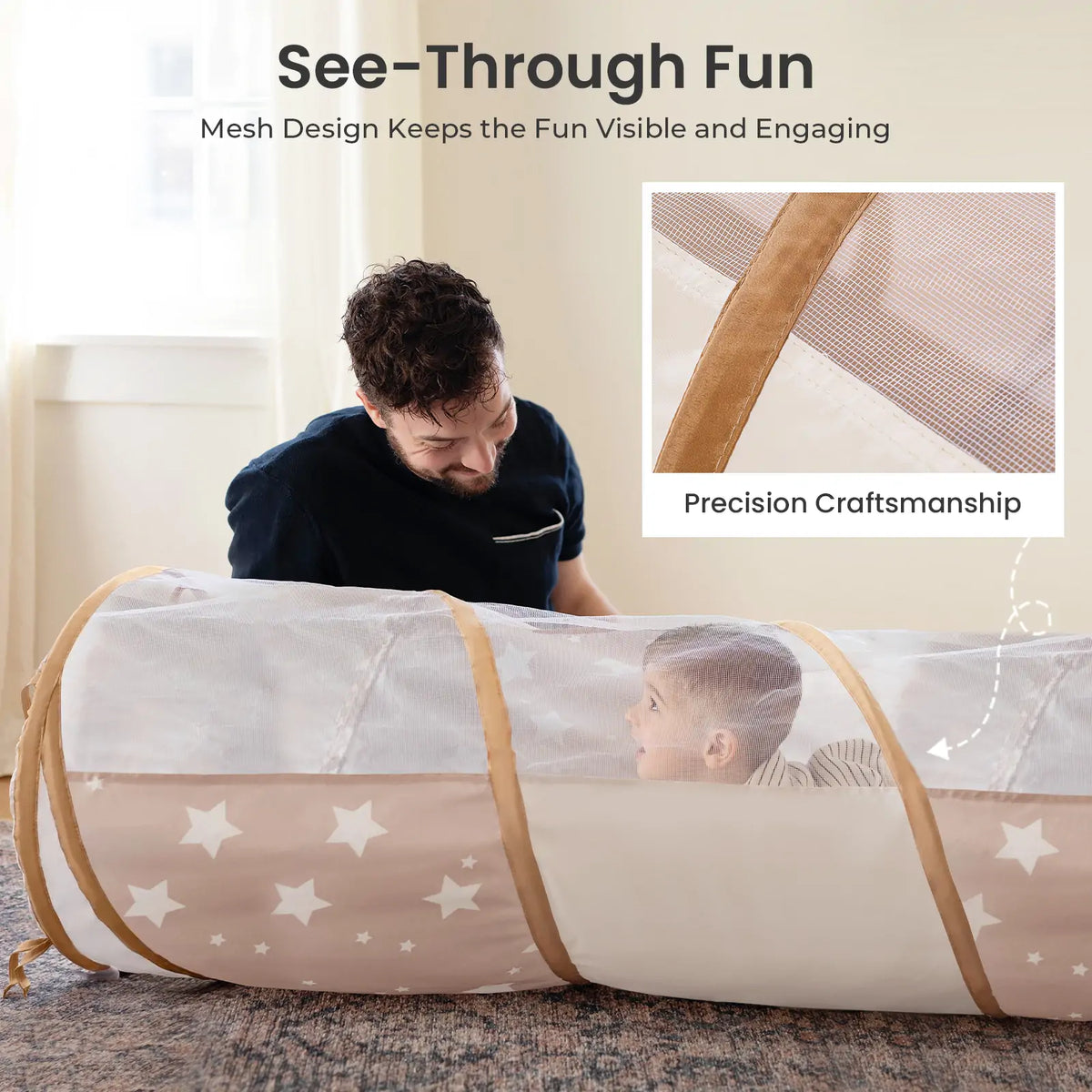 A man plays with a young child inside a star-decorated mesh Adventure Crawl Tunnel (68″).