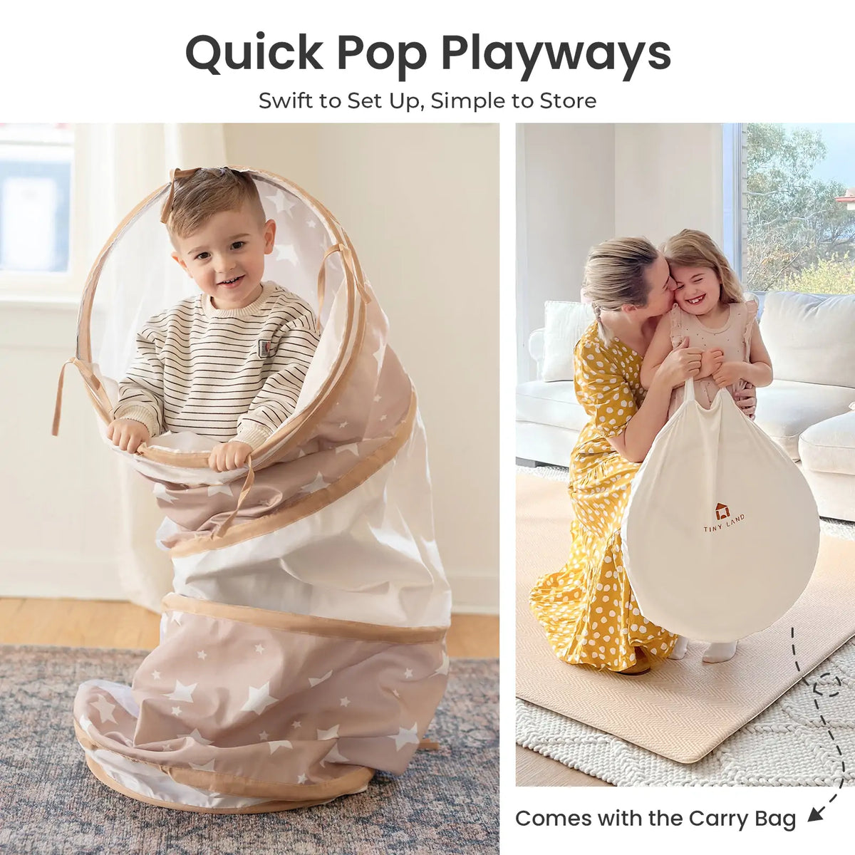 A young child stands inside a tall, star-patterned Adventure Crawl Tunnel (68″) while a woman and child hold the crawl tunnel’s flat, circular storage bag.