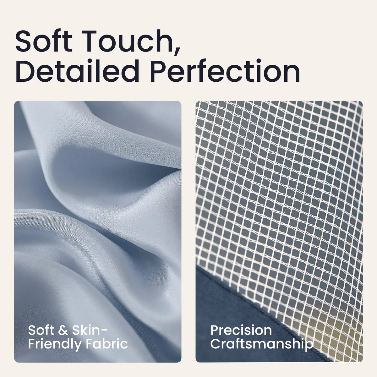 Two panels of the Adventure Crawl Tunnel (68″): one shows blue fabric labeled Soft & Skin-Friendly Fabric, and the other shows a white mesh grid labeled Precision Craftsmanship.