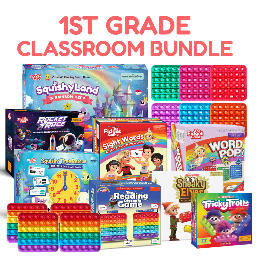 1st Grade Classroom Bundle featuring a collection of learning games and silicone fidget boards.
