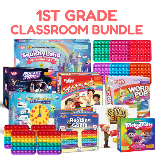 1st Grade Classroom Bundle featuring a collection of learning games and silicone fidget boards.