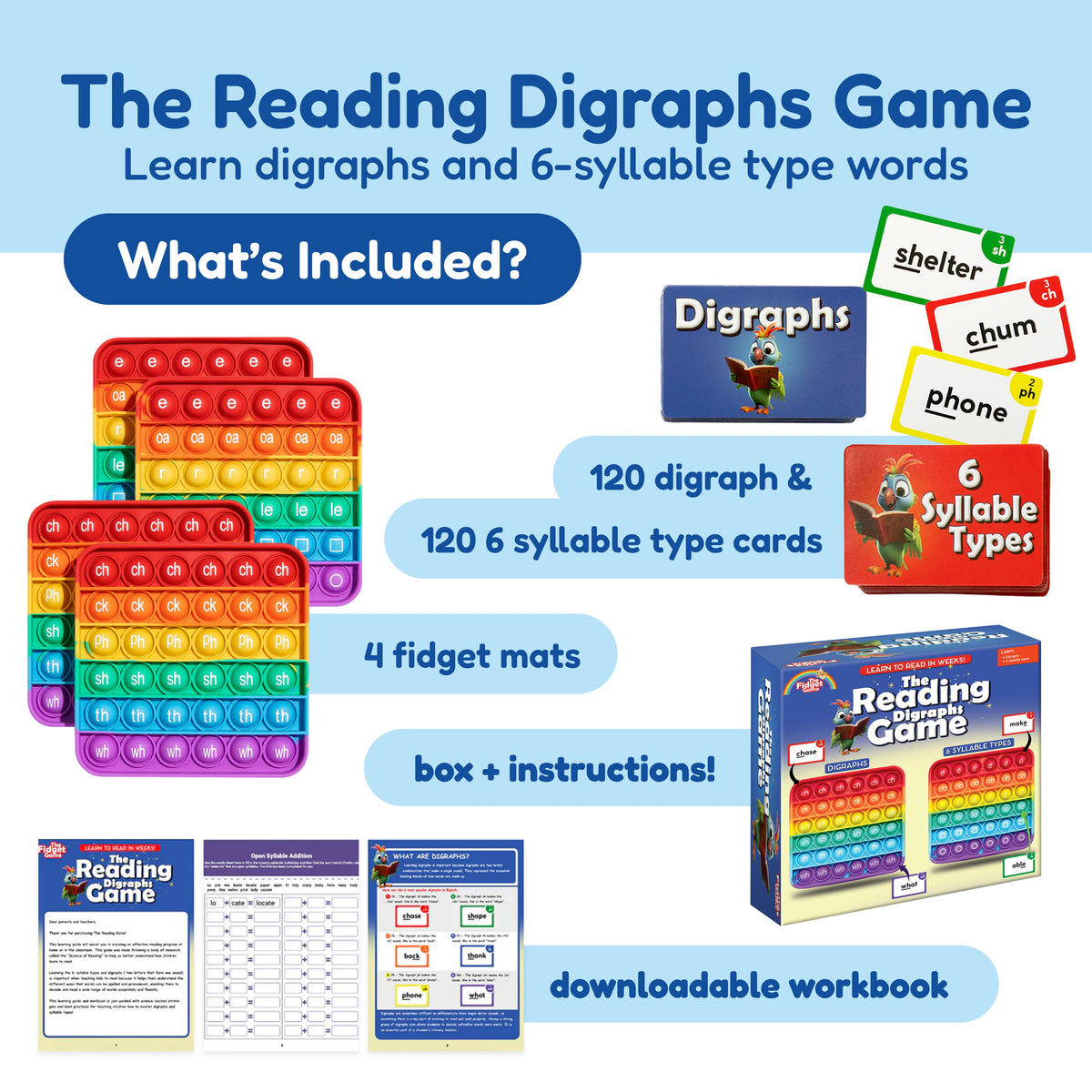 The 1st Grade Classroom Bundle includes four colorful sensory bubble mats, 120 phonics learning cards, a storage box, and a printable instructional workbook for game-based learning.