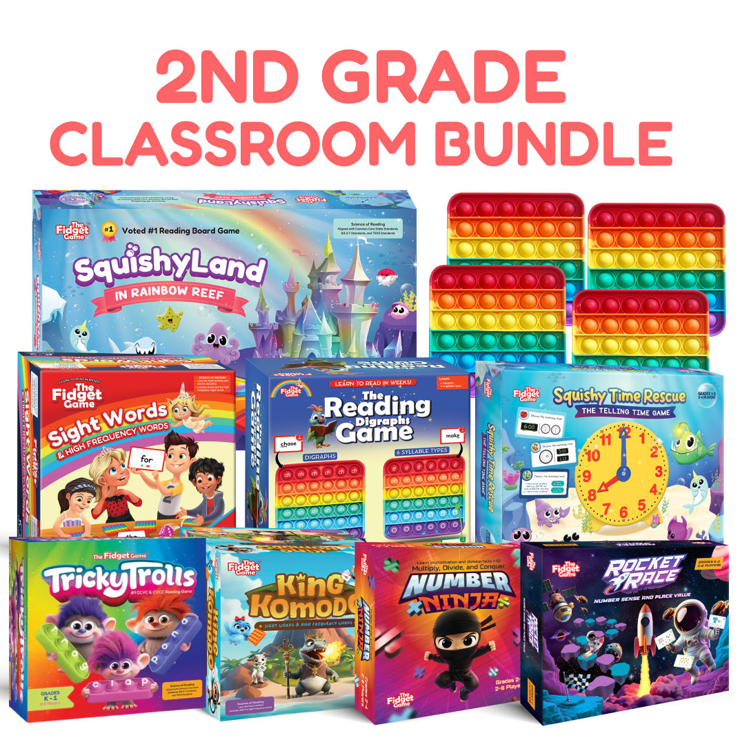 2nd Grade Classroom Bundle featuring educational board games and fidget mats for reading, math, and time-telling.