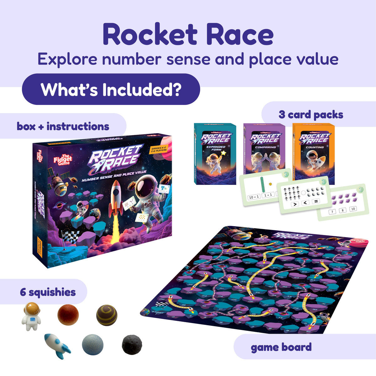 2nd Grade Classroom Bundle educational board game set for grades K-2, including a box, instructions, three card packs, a game board, and six space-themed squishy figures.