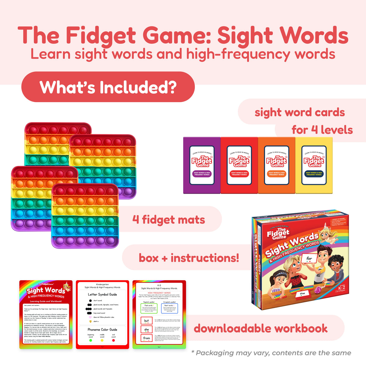 2nd Grade Classroom Bundle including four colorful silicone fidget mats, four decks of sight word cards, a game box with instruction manual, a learning guide, and a workbook.
