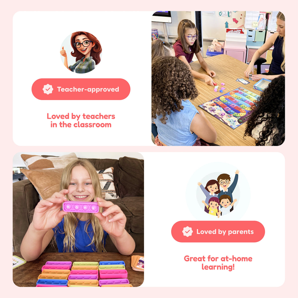 A collage shows students using the 2nd Grade Classroom Bundle for game-based learning in classrooms and a child playing with word blocks at home, with text stating the products are teacher-approved and loved by parents.