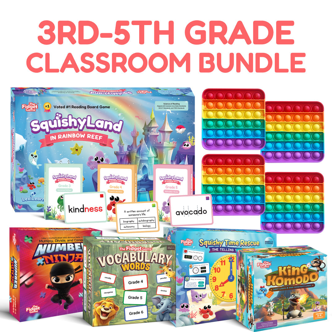 Grades 3–5 Classroom Bundle featuring board games for math, reading, and time-telling, alongside rainbow-colored silicone sensory pop-it toys and vocabulary flashcards.