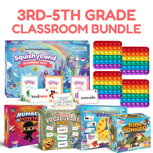 Grades 3–5 Classroom Bundle featuring board games for math, reading, and time-telling, alongside rainbow-colored silicone sensory pop-it toys and vocabulary flashcards.