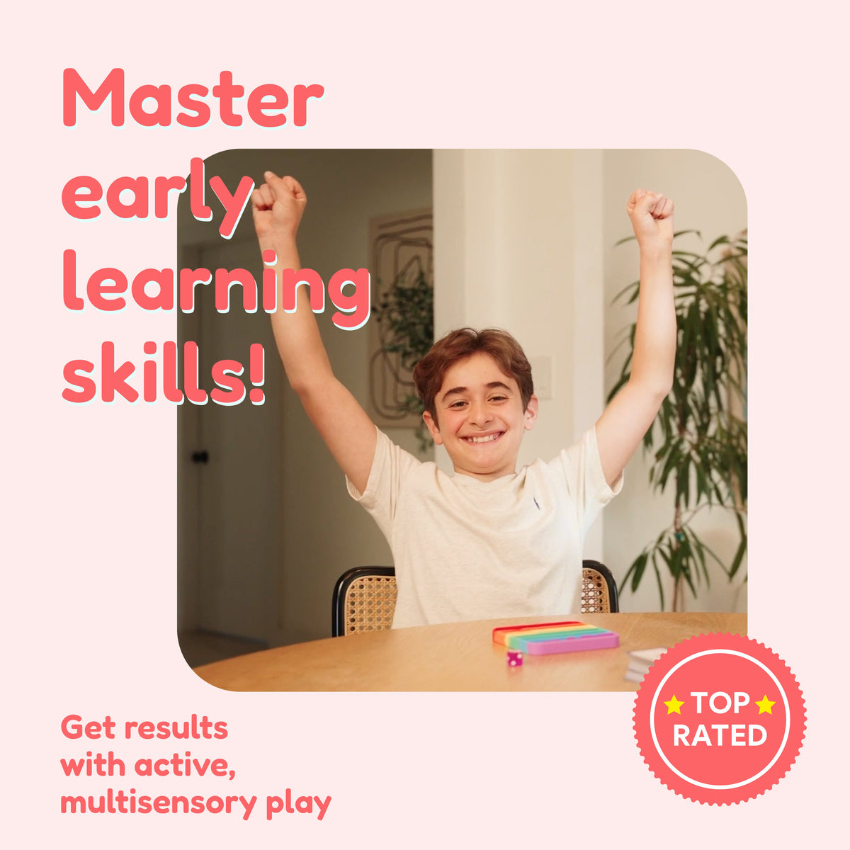A young boy sits at a table with his arms raised in celebration next to a Top Rated badge and text promoting game-based learning and math fluency for the Grades 3–5 Classroom Bundle.