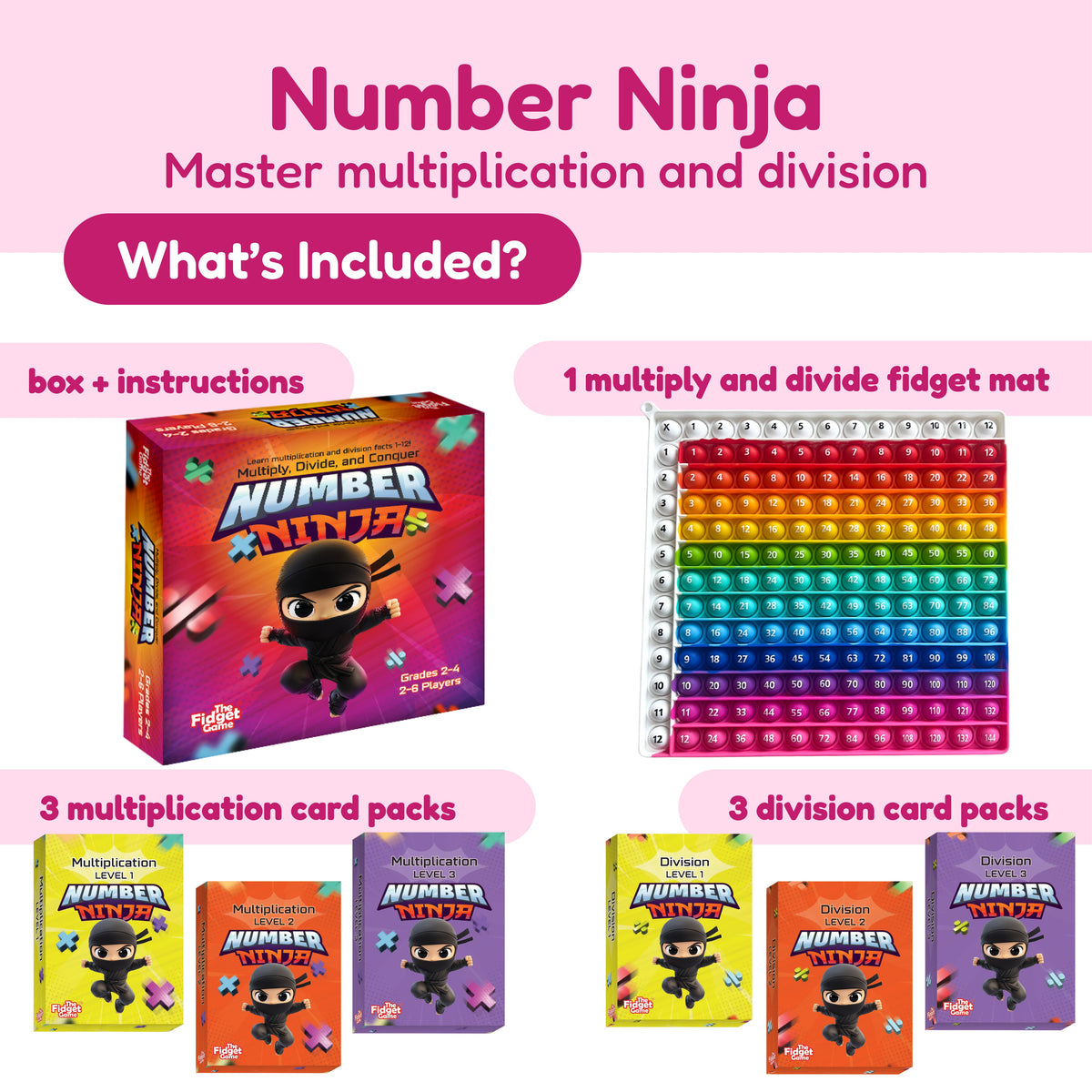 The Grades 3–5 Classroom Bundle for game-based learning, featuring an instruction box, a 12x12 multiplication fidget mat, and three levels each of multiplication and division card decks designed to build math fluency.