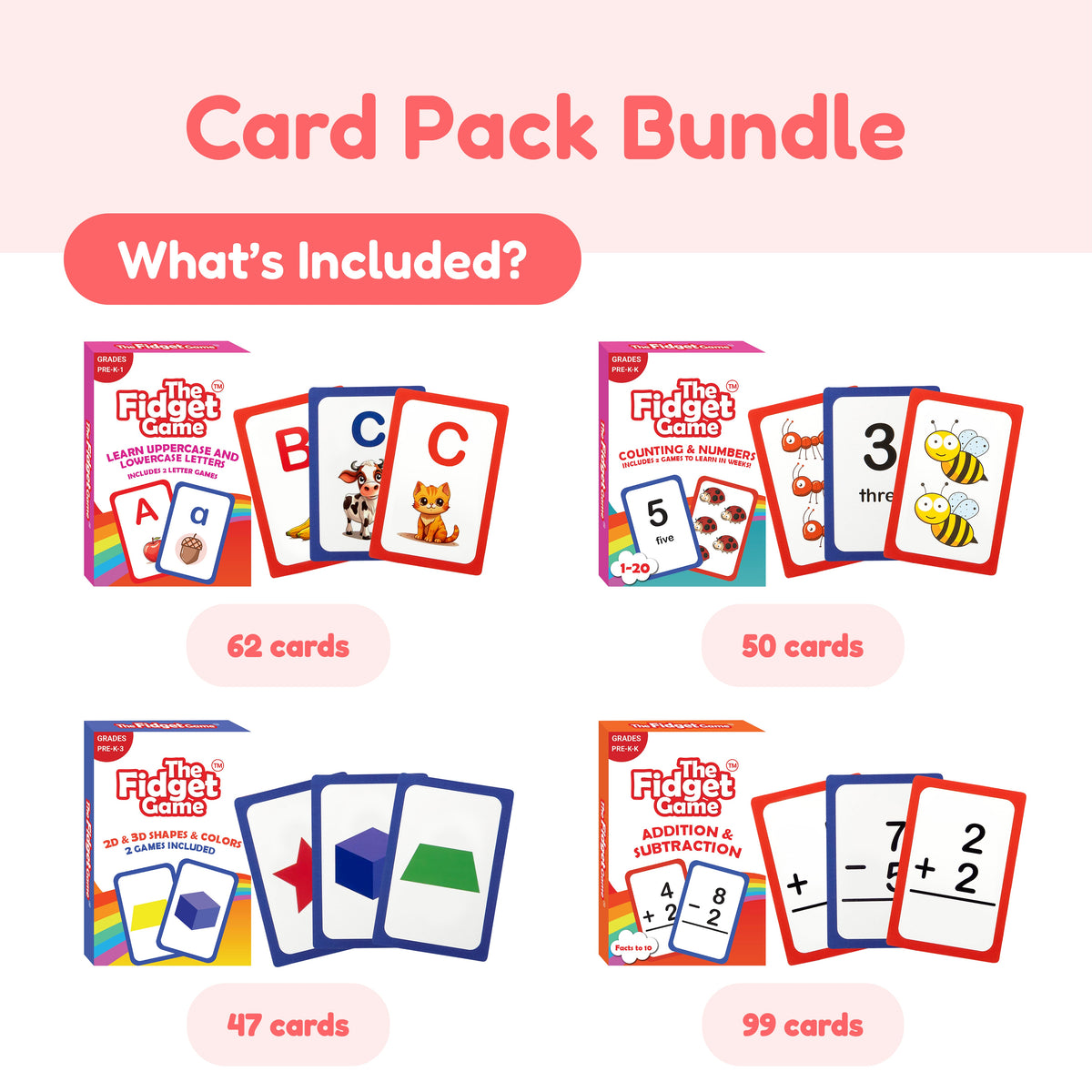 Kindergarten Classroom Bundle featuring four boxes of educational card games covering uppercase and lowercase letters, counting, shapes, and math, with card counts listed for game-based learning.