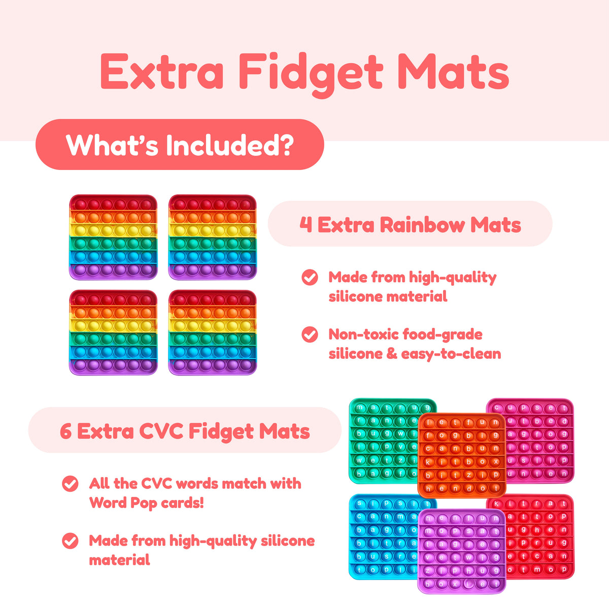 The Kindergarten Classroom Bundle infographic displays four rainbow-colored grid fidget mats and six grid fidget mats printed with CVC words for literacy skills, with bullet points listing materials and features for game-based learning.