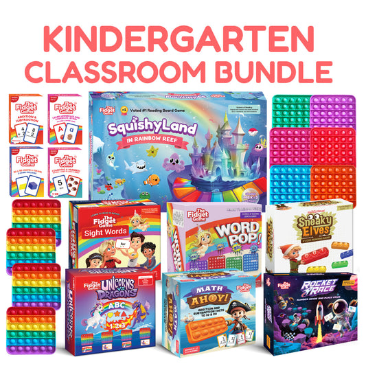A Kindergarten Classroom Bundle featuring educational board games and silicone sensory pop-it toys used for game-based learning and building literacy skills.