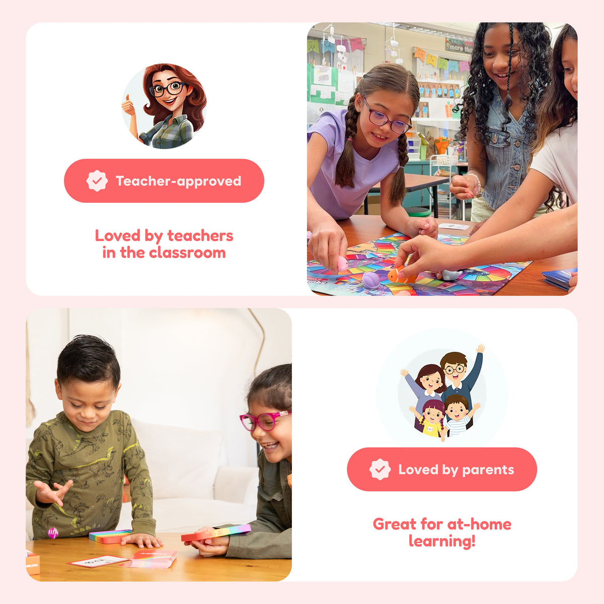 Three children engage in game-based learning with a Kindergarten Classroom Bundle board game in a classroom, while two other children play with colorful sensory toys at home.