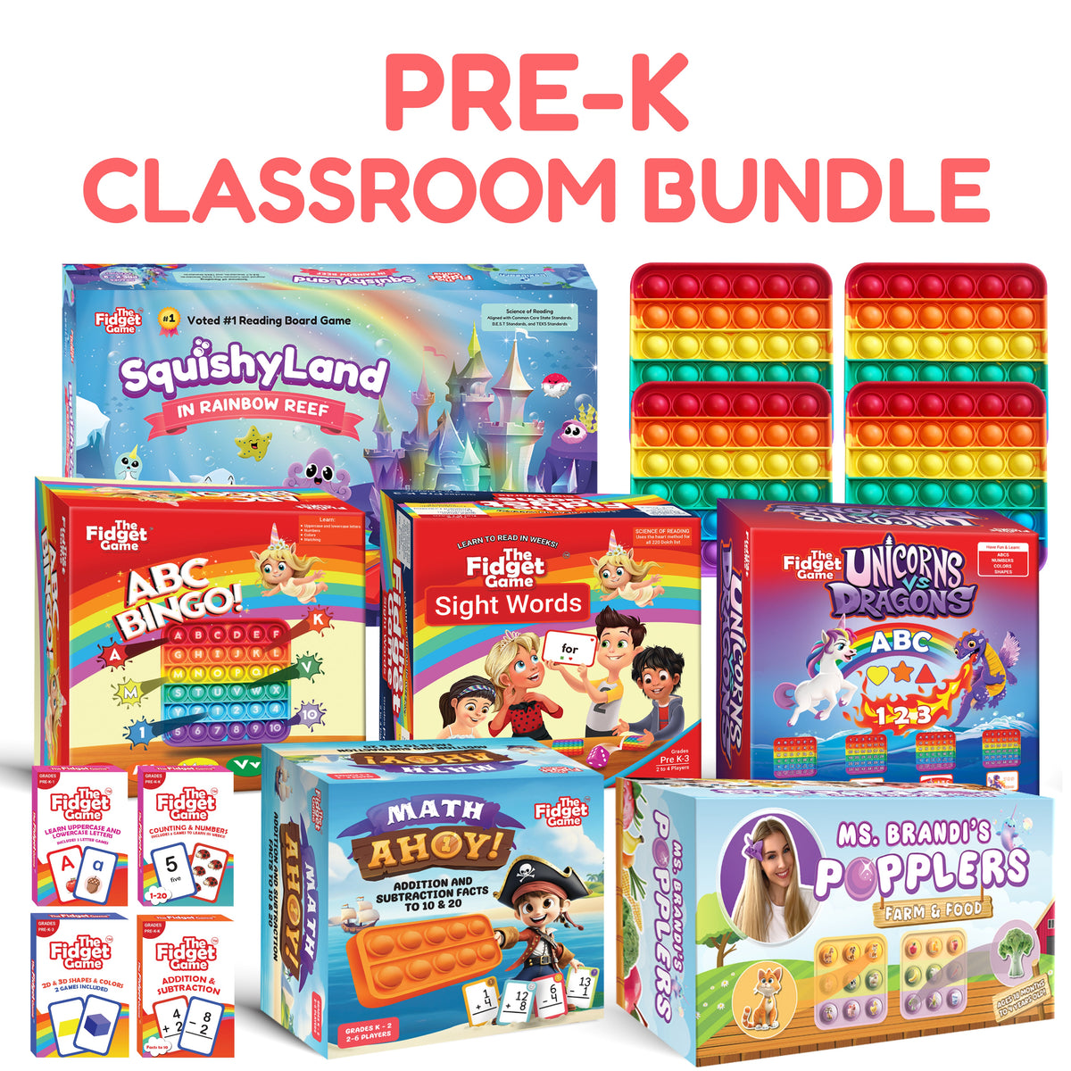 Pre-K Classroom Bundle containing educational board games and sensory fidget toys, including ABC Bingo, sight words, math card games, and bubble-popping boards designed to support foundational literacy and early math through game-based learning.