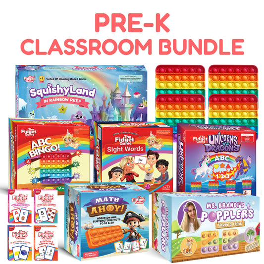 Pre-K Classroom Bundle containing educational board games and sensory fidget toys, including ABC Bingo, sight words, math card games, and bubble-popping boards designed to support foundational literacy and early math through game-based learning.