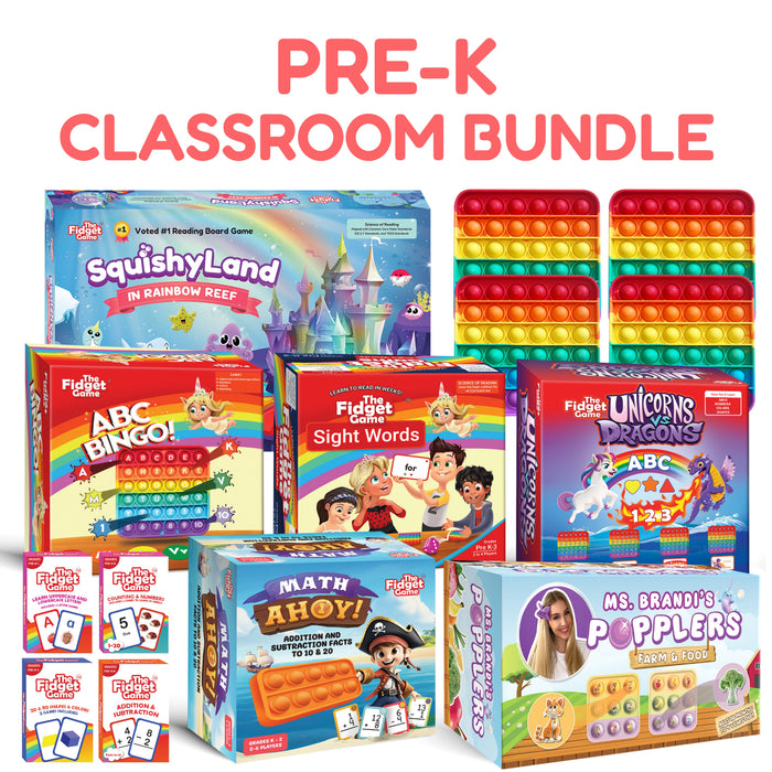 Pre-K Classroom Bundle containing educational board games and sensory fidget toys, including ABC Bingo, sight words, math card games, and bubble-popping boards designed to support foundational literacy and early math through game-based learning.