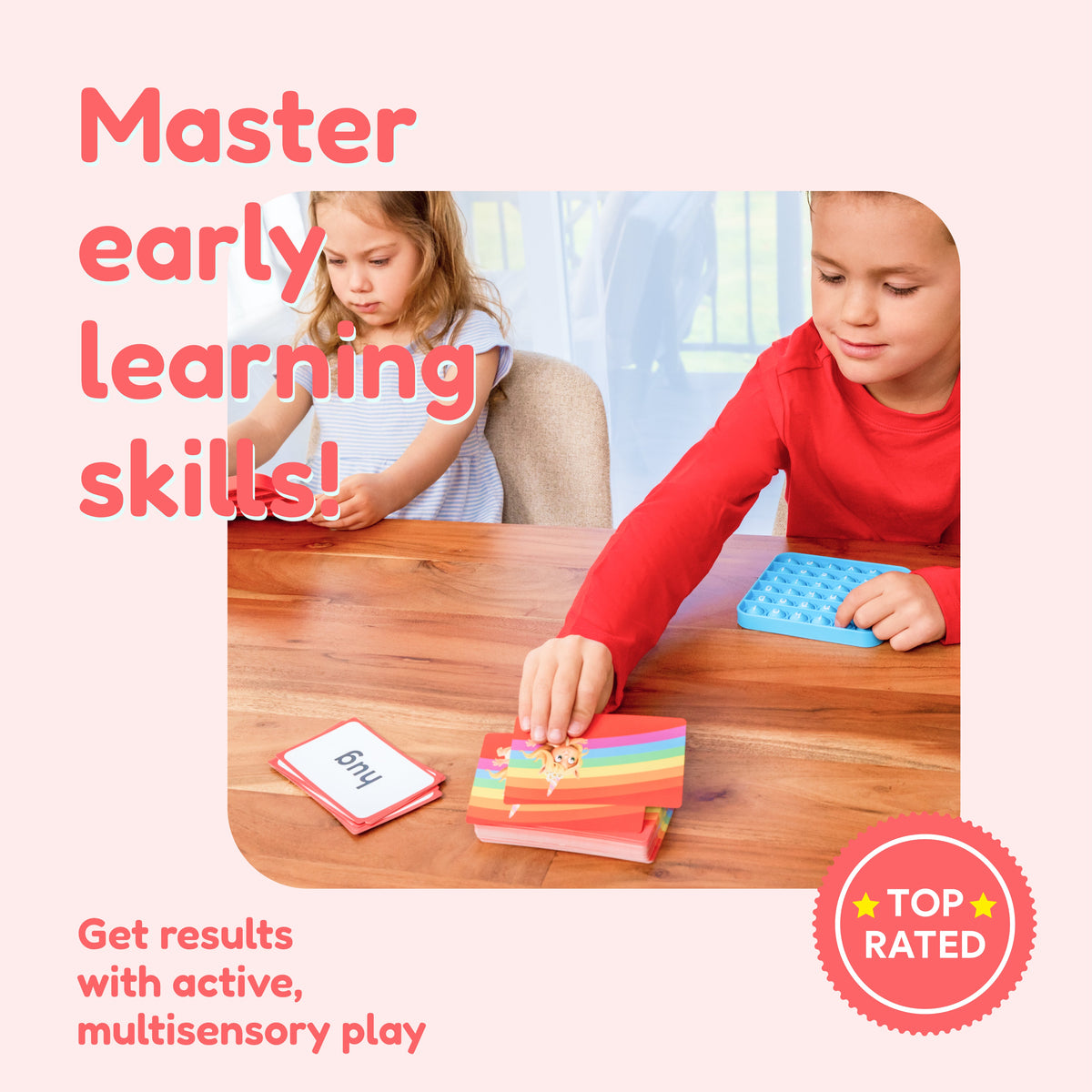 Two children use the Pre-K Classroom Bundle, building literacy and math skills with educational flashcards and a blue sensory fidget toy while text overlays highlight multisensory play.