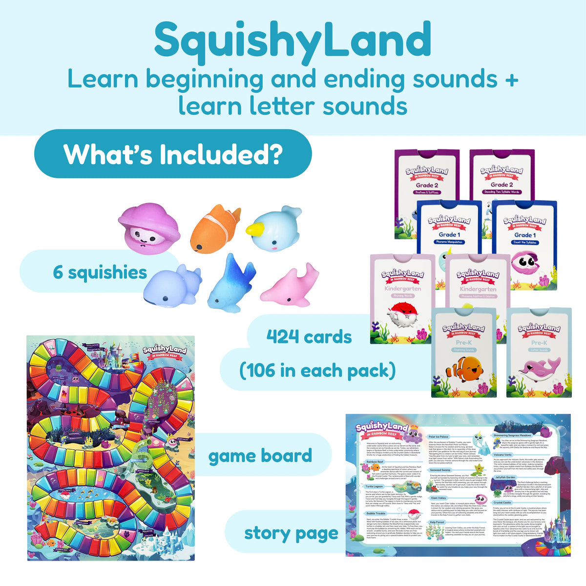 Pre-K Classroom Bundle containing six colorful sea creature figurines, a winding game board for game-based learning, a story page, and four sets of educational cards for foundational literacy.
