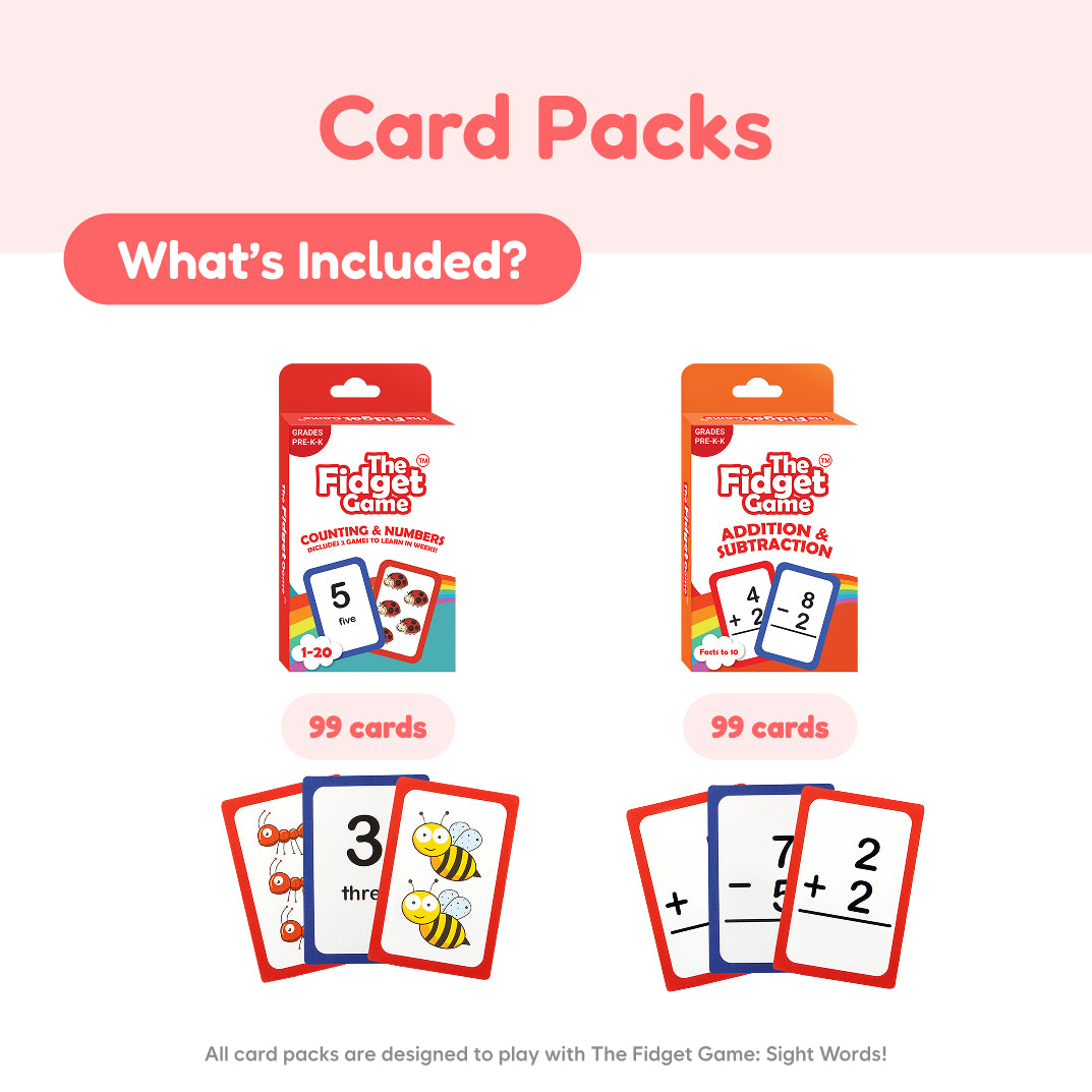 Small School Bundle for K–5 includes two card game boxes for Counting & Numbers and Addition & Subtraction, shown with sample cards featuring numbers, math equations, and bee illustrations to build math skills.