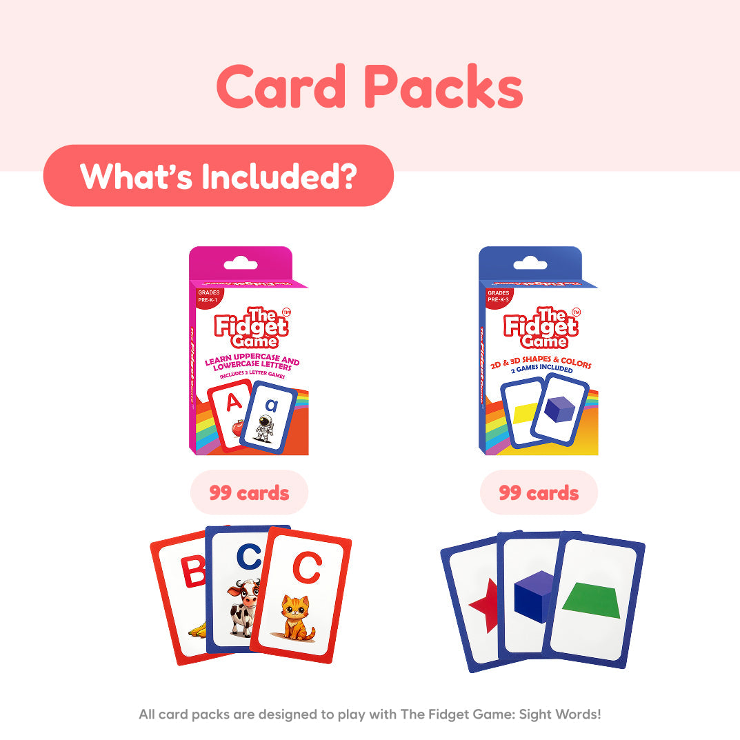 Small School Bundle for K–5, featuring two boxes of game-based learning cards with examples showing letters and animals on the left and 2D and 3D shapes on the right to build literacy and math skills.