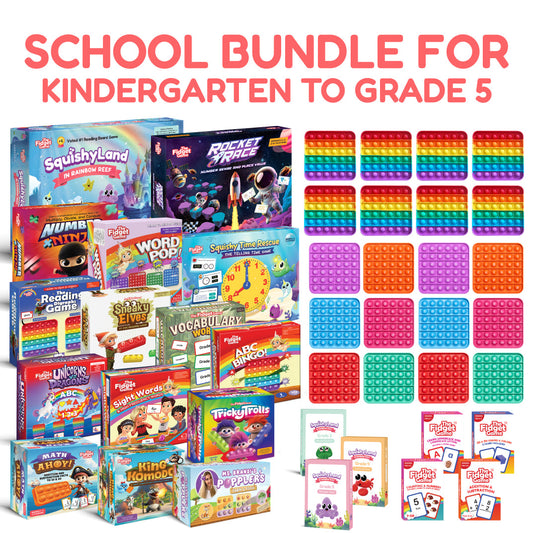 The Small School Bundle for K–5 includes educational board games for literacy and math, plus a grid of sixteen colorful silicone bubble-pop sensory toys for elementary students.