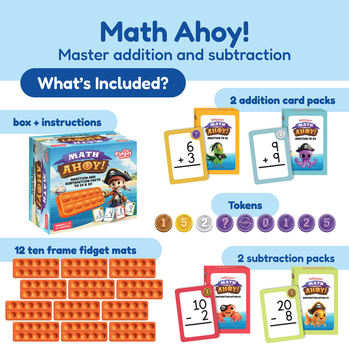 Small School Bundle for K–5 includes orange ten-frame fidget mats, two addition card packs, two subtraction card packs, and a collection of numbered tokens to help build math skills.