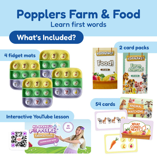 Small School Bundle for K–5 featuring four animal-themed silicone fidget mats, two card decks, and a QR code linking to an interactive 35-minute video lesson for game-based learning of literacy and math skills.