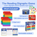 Small School Bundle for K–5 featuring four colorful bubble-popping sensory mats with letter combinations, 120 digraph and syllable cards, an instruction box, and a downloadable workbook for game-based learning.