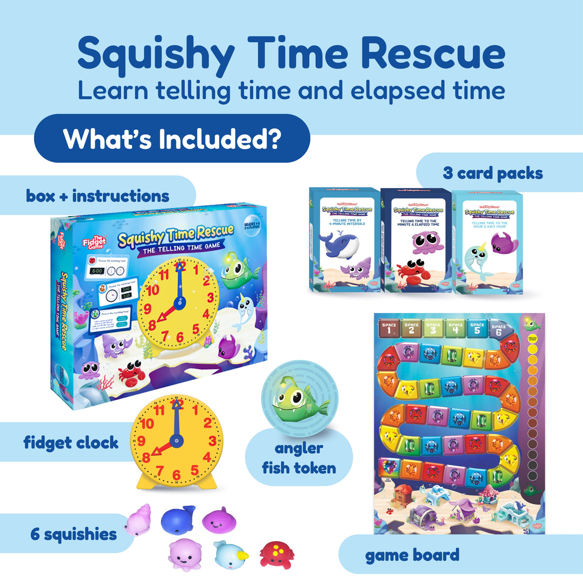 Small School Bundle for K–5 educational time-telling game including a board game, three card decks, a tabletop clock, an angler fish token, and six small animal-shaped figures.
