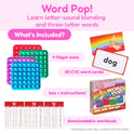 The Small School Bundle for K–5, including four colorful silicone letter-pop mats, a deck of CVC word cards, a game box, and a printable workbook for building literacy and math skills through game-based learning.