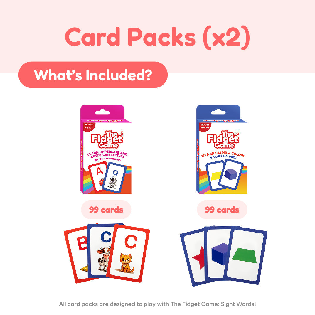 Ultimate School Bundle for K–5 containing two sets of learning games, each with 99 cards for practicing literacy and math through letters, shapes, and colors.