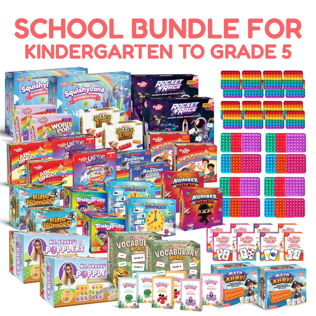 The Ultimate School Bundle for K–5 features a collection of educational board games, literacy and math card games, and colorful silicone fidget toys for elementary students.