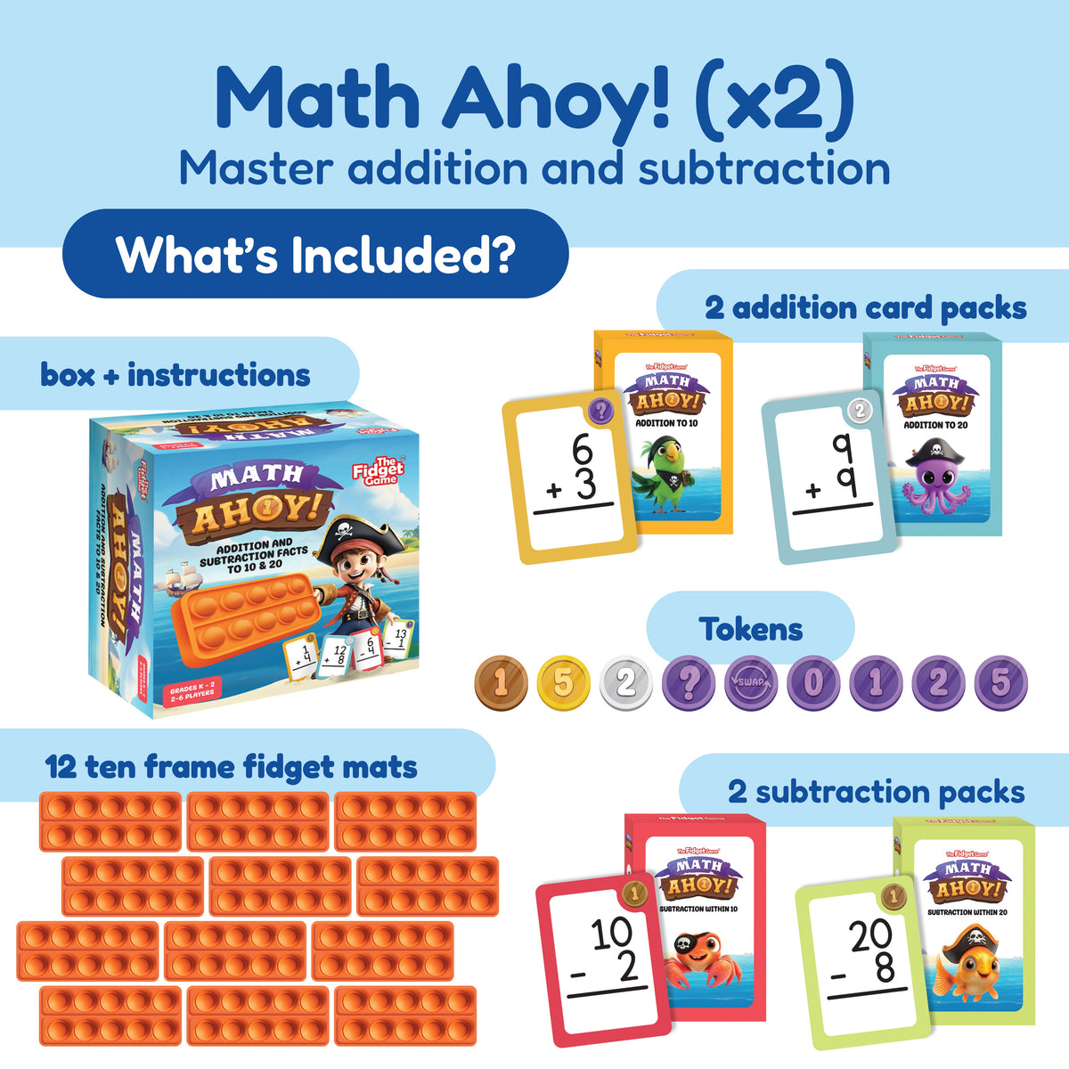 Ultimate School Bundle for K–5 educational math game set featuring a storage box, manual, 12 orange ten-frame fidget mats, two addition card packs, two subtraction card packs, and a set of numbered tokens to build literacy and math skills.