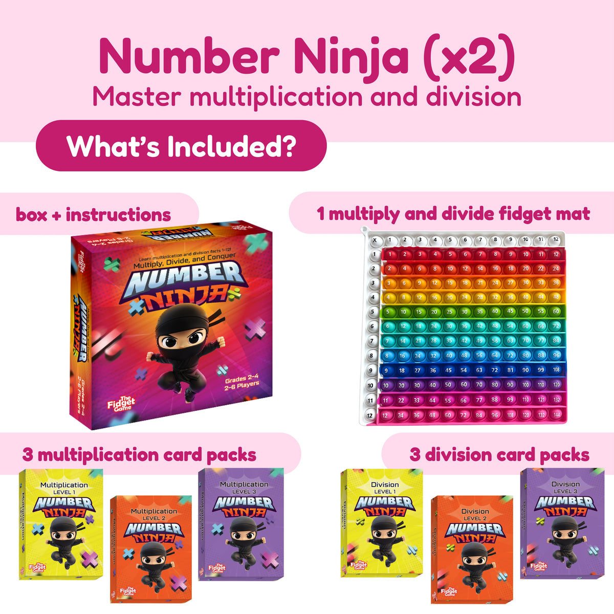 The Ultimate School Bundle for K–5 features an educational math game set with a multiplication and division fidget mat, a game box, and three card packs for building essential literacy and math skills.