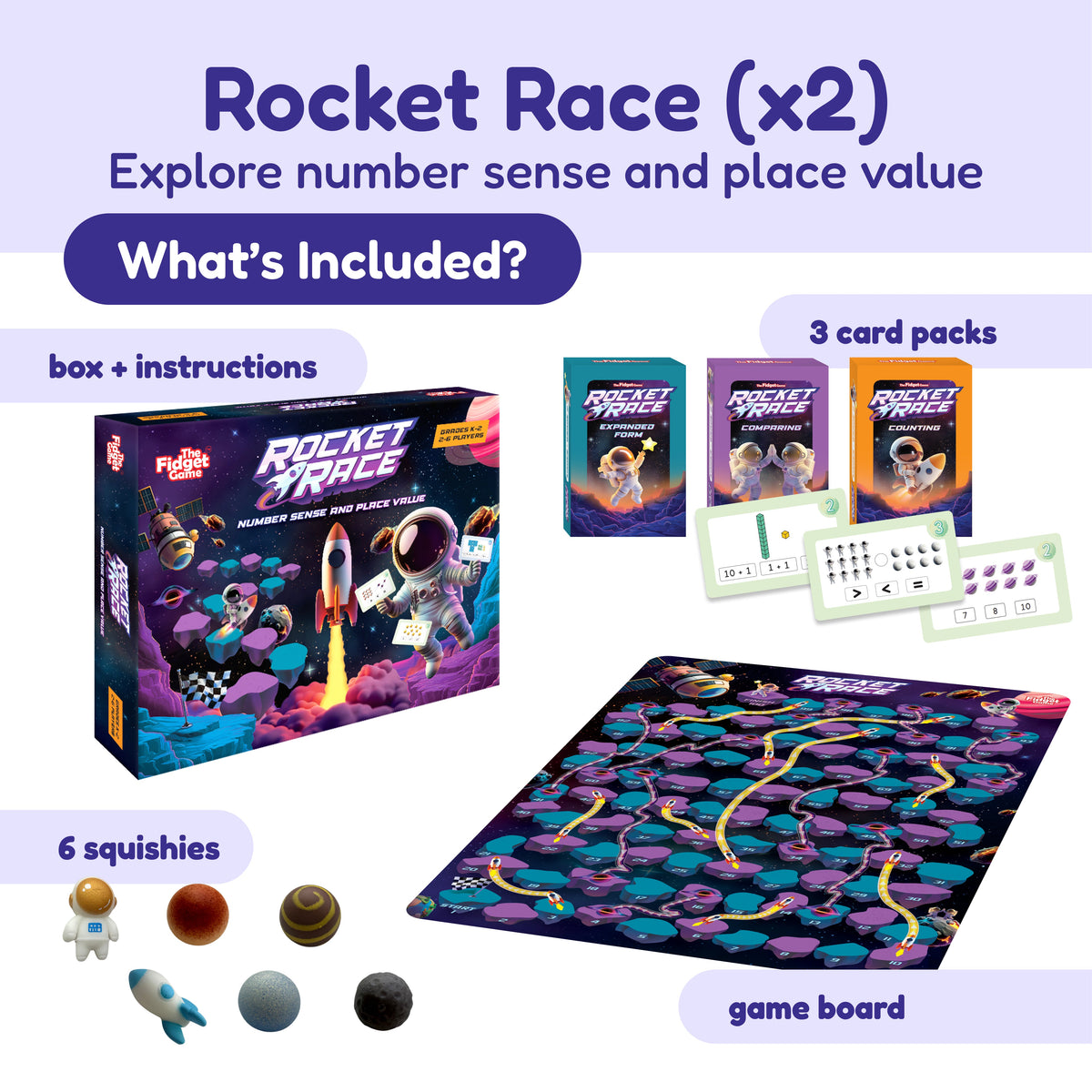 Ultimate School Bundle for K–5 educational board game set with two boxes, three card packs of math problems, a number-path game board, and six character and planet figures for game-based learning.