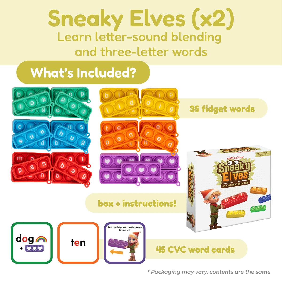 Ultimate School Bundle for K–5 educational game kit featuring multiple colored, letter-embossed silicone fidgets, a game box, and a set of word cards for building literacy and math skills.