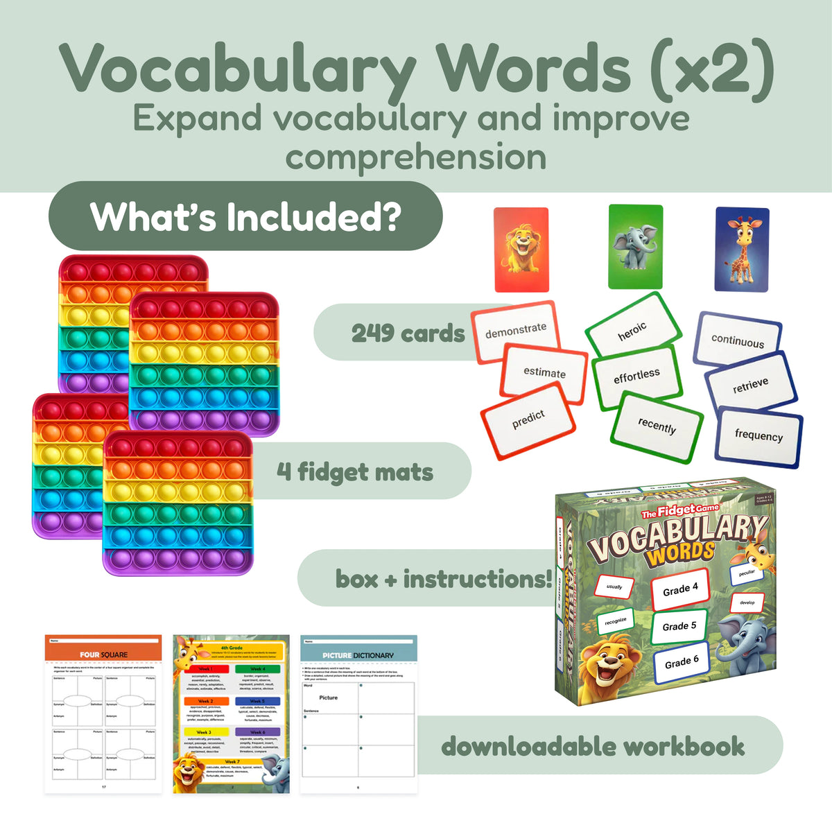 Ultimate School Bundle for K–5 educational kit, featuring four colorful grid-pattern fidget mats, 249 vocabulary cards, a game box with instruction manual, and workbook pages for game-based literacy and math learning.