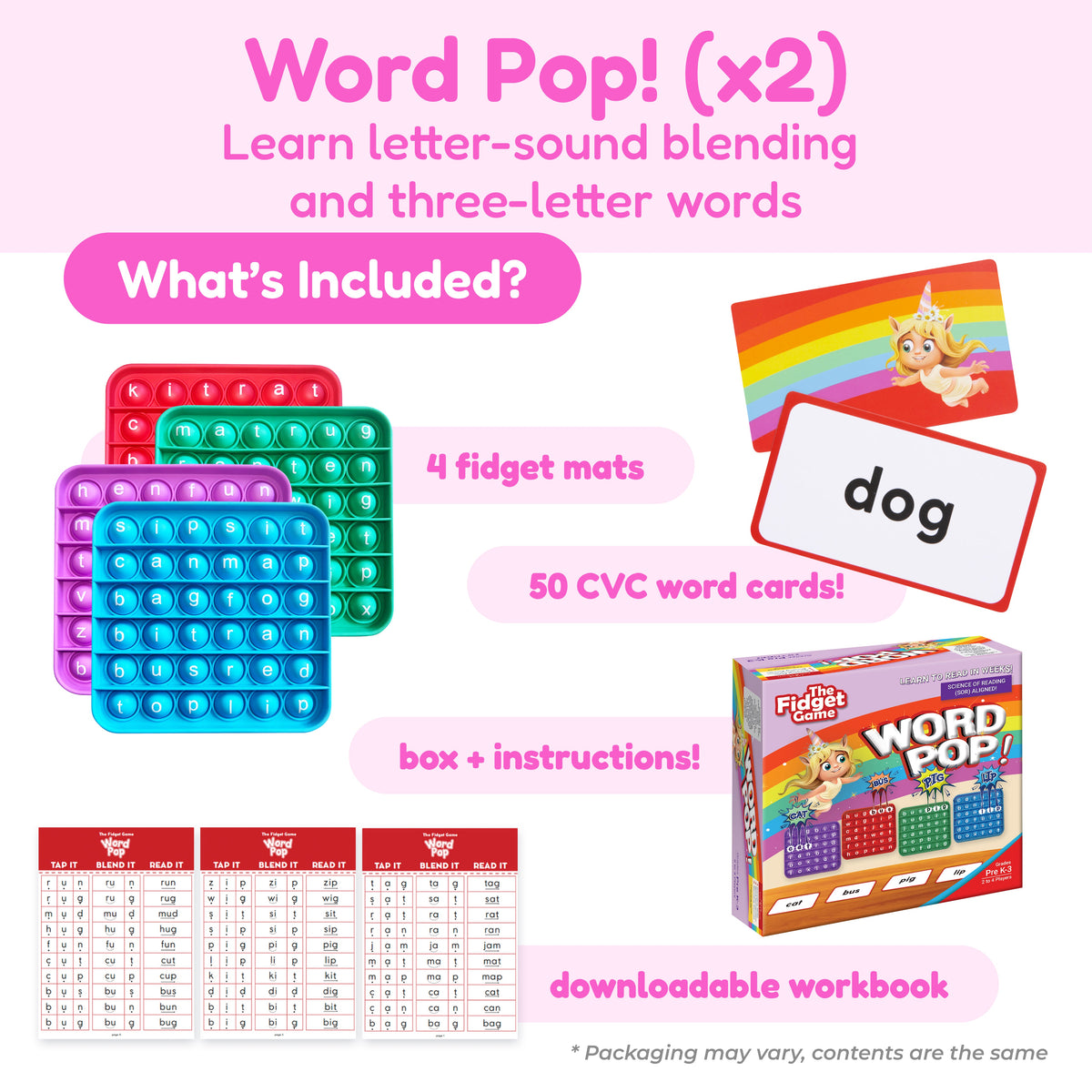 The Ultimate School Bundle for K–5 includes four colorful silicone letter-shaped fidget mats, fifty CVC word cards, a game box with instructions, and a printable workbook for game-based literacy and math learning.
