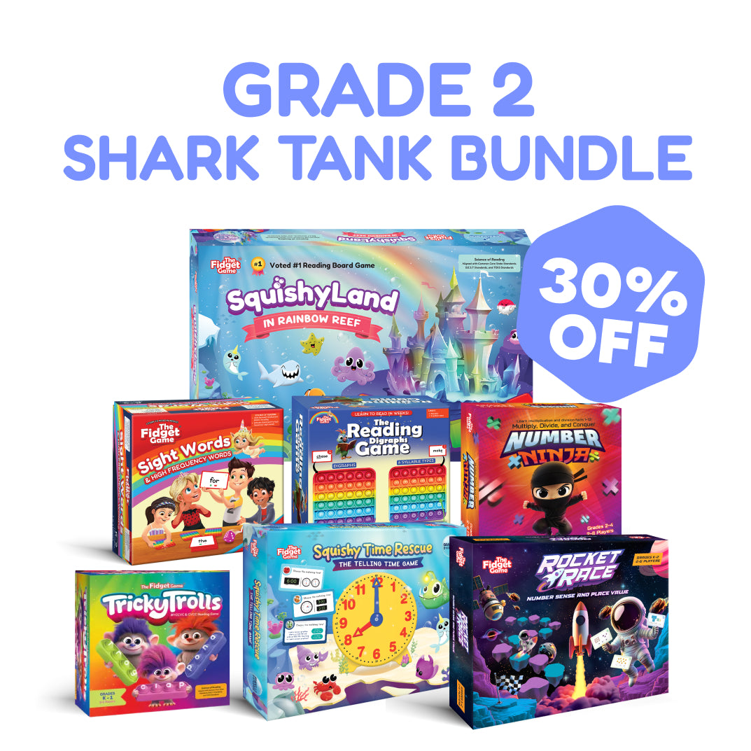 Grade 2 Complete Skills Bundle featuring six educational board games for multiplication foundations and multisyllabic decoding, with a blue hexagonal badge indicating 30% off.