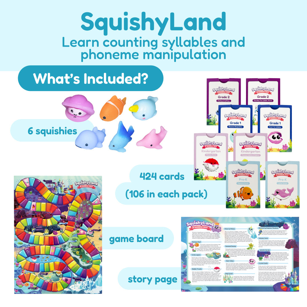 The Grade 1 Complete Skills Bundle includes six sea creature squishies, 424 cards across eight workbooks, a colorful path-style game board, a story page, and fidget mats to practice 1st grade skills.