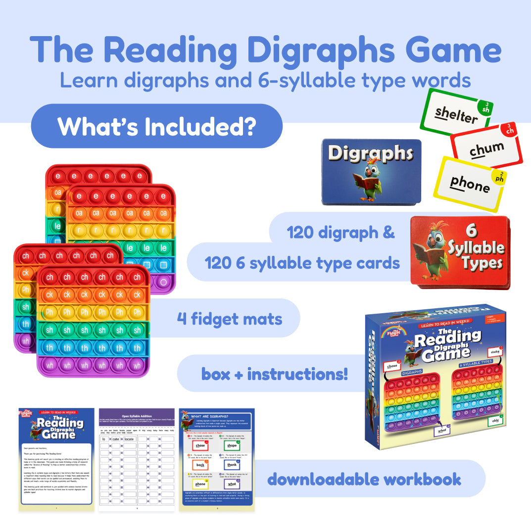 Grade 2 Complete Skills Bundle featuring four colorful pop-it fidget mats with phonics digraphs, sets of digraph and syllable word cards for multisyllabic decoding, an instruction box, and a downloadable workbook.
